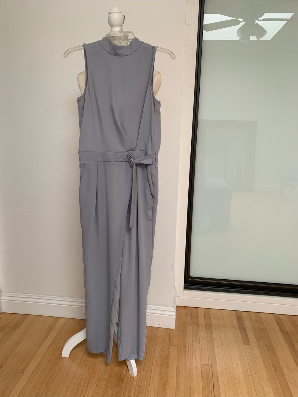 Topshop Sleeveless Mock-Neck Tie-Waist Jumpsuit in Light Gray